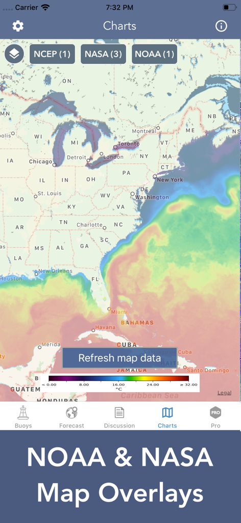 Marine Weather Forecast Pro - Sea surface temperature map overlay on the US East Coast in the Marine Weather Forecast Pro app