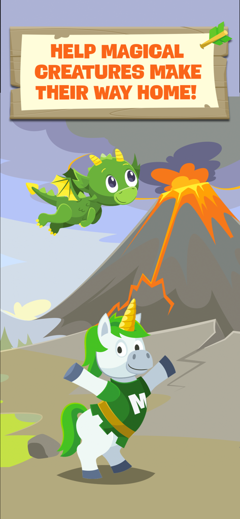 Munzee - A green dragon and Cappy the Unicorn in a fantasy setting with an erupting volcano.