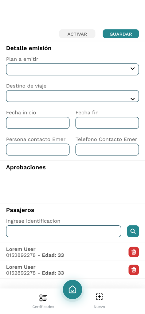 EMISIONES PLUS TRAVEL ASSIST - Formulário de emissão de certificado de assistência de viagem com lista de passageiros e detalhes da viagem.