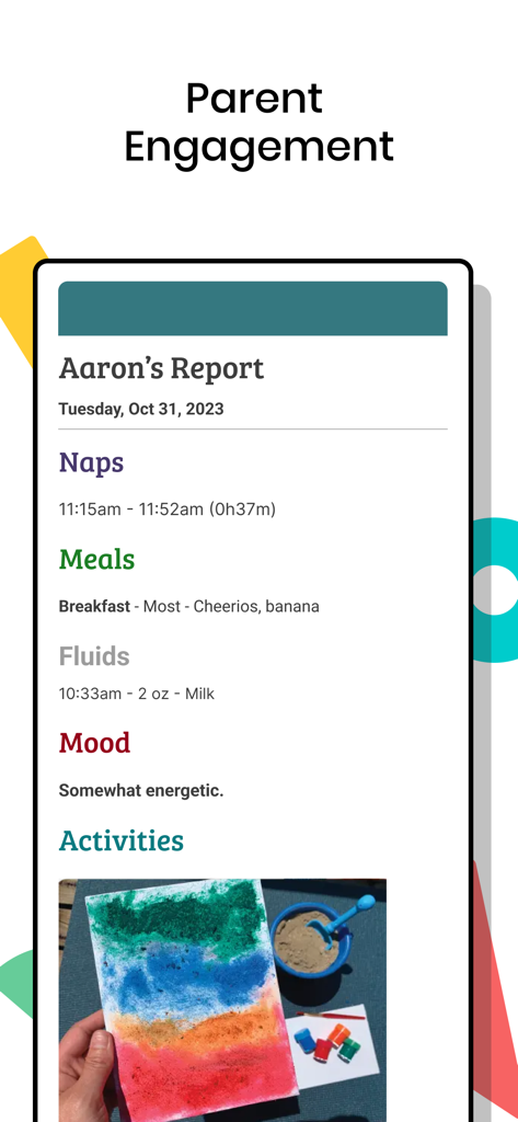 Lillio - Lillio app interface showing a child daily report with sections for naps meals and classroom activities