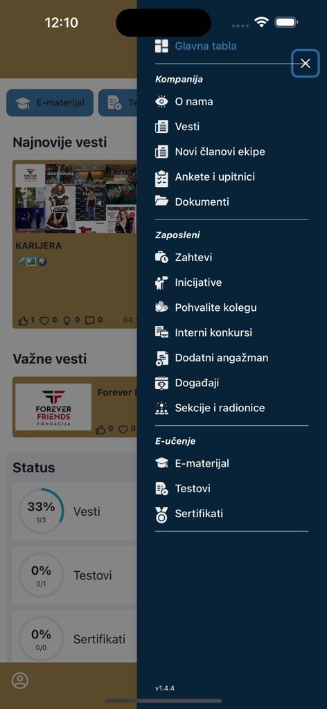 Sidebar menu of FCO Connect app featuring company information employee initiatives and e-learning modules