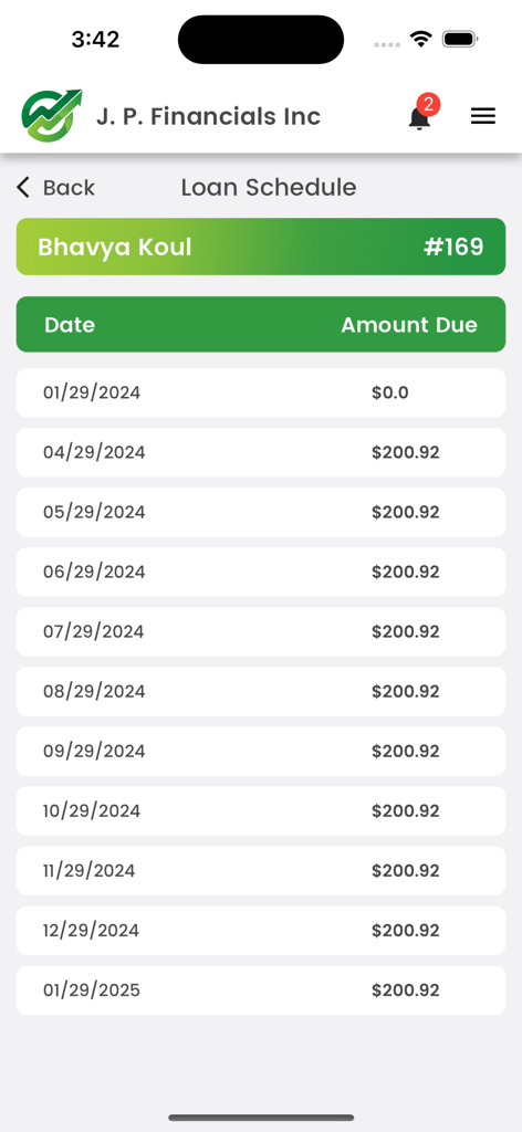 Lending-Hub - Lending Hub mobile app screen displaying a loan repayment schedule with payment dates and due amounts