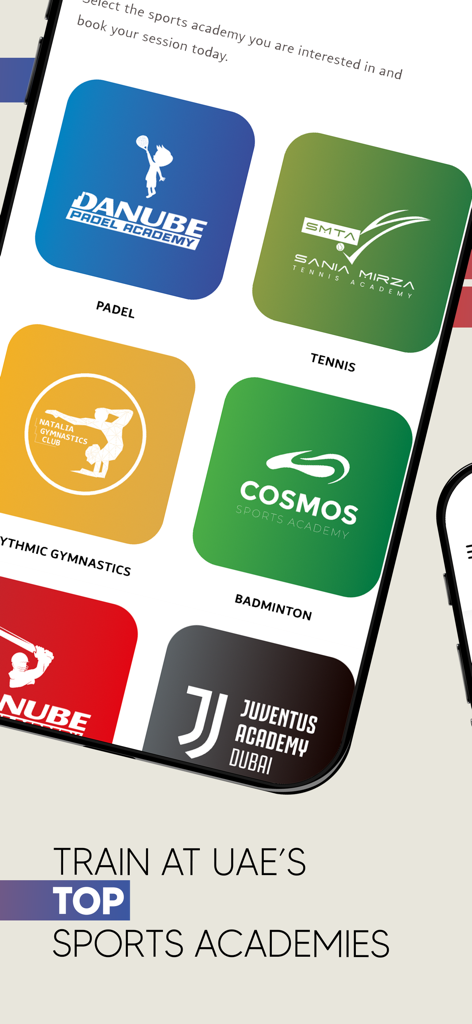Danube Sports World - Interface of the Danube Sports World app showing options for padel tennis gymnastics and football academies