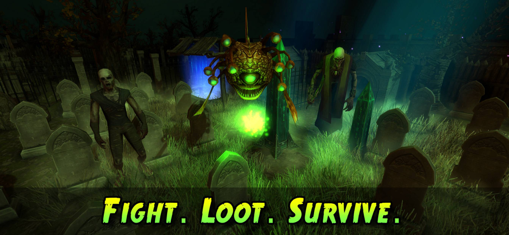 Eine dunkle Friedhofsszene im Moonshades RPG mit Monstern und dem Text Fight Loot Survive (Kämpfe, plündere, überlebe).