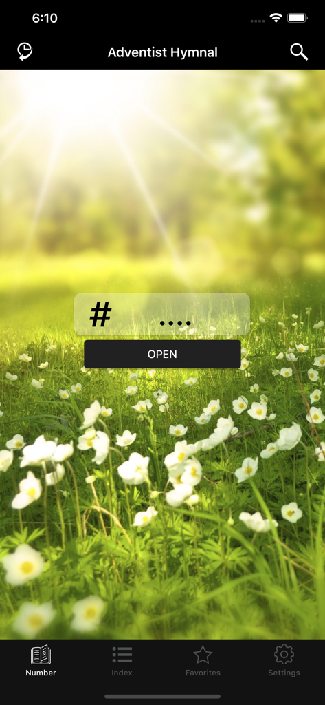 Adventist hymnal - Main search screen of the Adventist Hymnal app showing the search by hymn number feature with a nature background and bottom navigation.