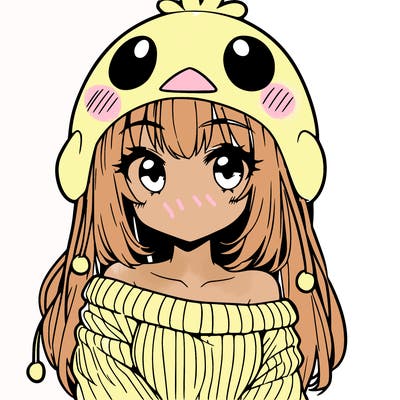 anime girl with chick shaped hat with sweater with bare shoulders with bangs covering them one eye with low tail