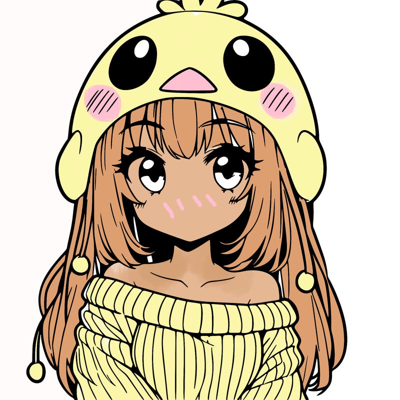 anime girl with chick shaped hat with sweater with bare shoulders with bangs covering them one eye with low tail