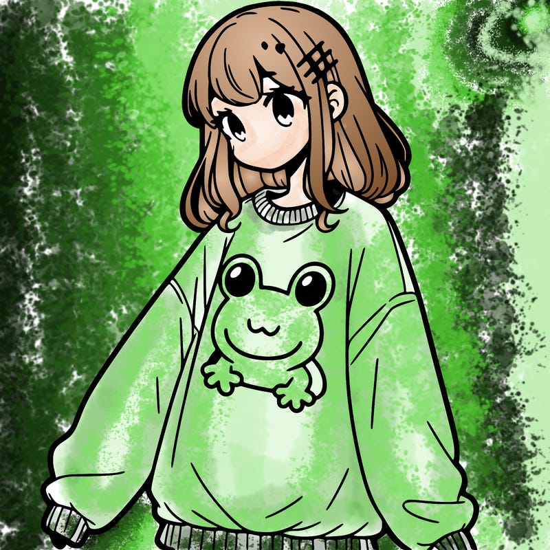 girl wearing frogging sweatshirt