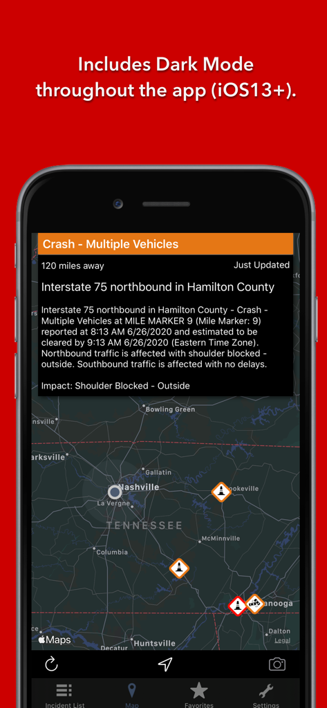 Tennessee State Roads app interface in dark mode showing a traffic crash report on a map of Tennessee.