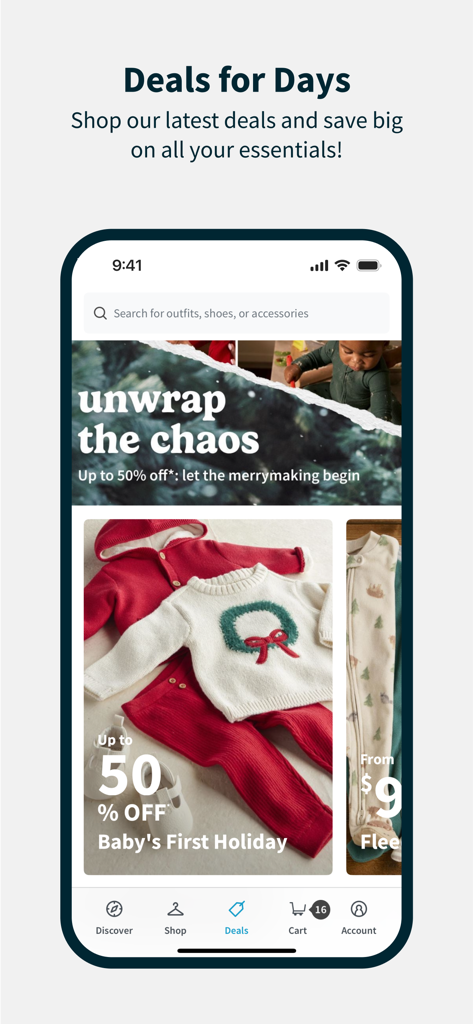 Screenshot of the Carters app showing baby holiday clothing deals and seasonal discounts