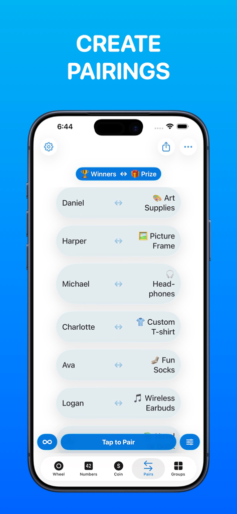 Wheel Spinner - Pick Me - Pick Me app interface showing random pairings of names with gift prizes