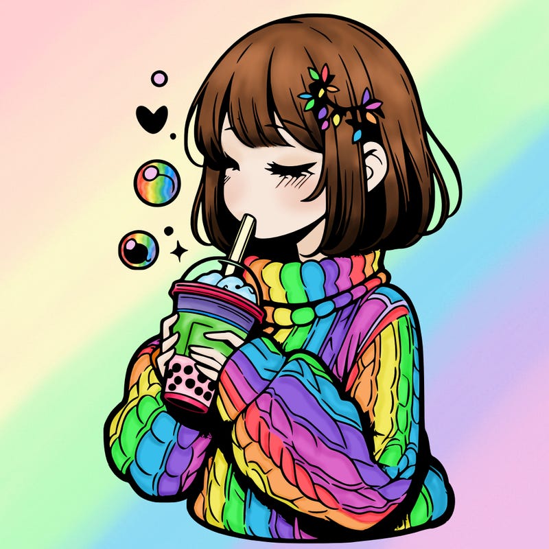 manga girl drinking boba in cozy sweater