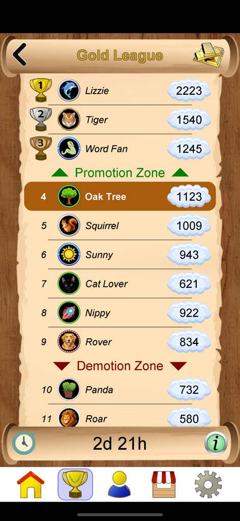 Word Games - Interfaz de tabla de clasificación de Juegos de Palabras mostrando las clasificaciones de la Liga de Oro y las puntuaciones de los jugadores