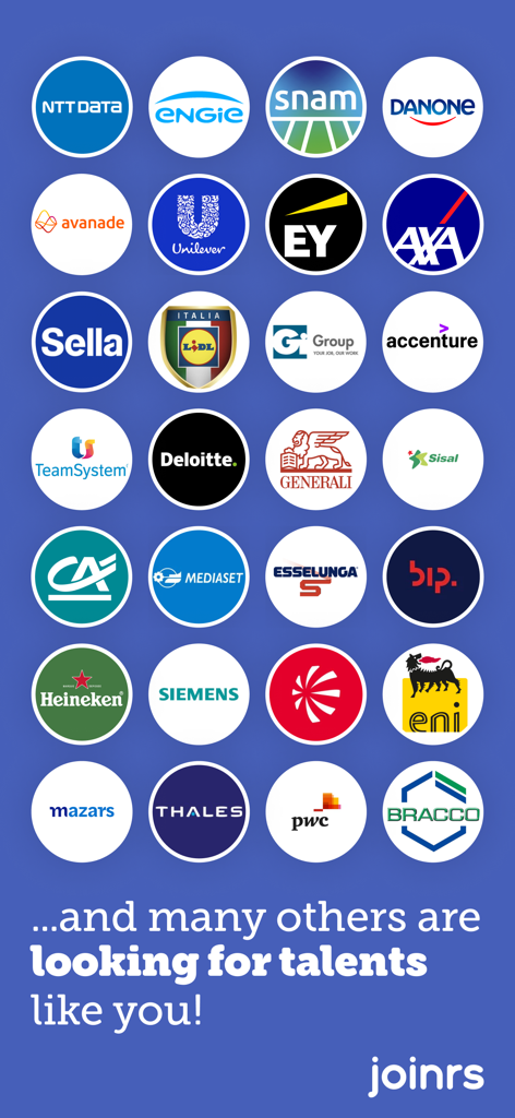 Joinrs - Job & Career - Grid of logos from prestigious companies like Deloitte, EY, and Unilever hiring students and graduates on Joinrs.