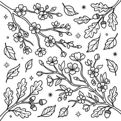 Delight in the unexpected harmony of spring blooms and fall foliage with this captivating coloring page. Intricate cherry blossom branches intermingle beautifully with oak leaves and acorns, creating a unique seasonal blend.