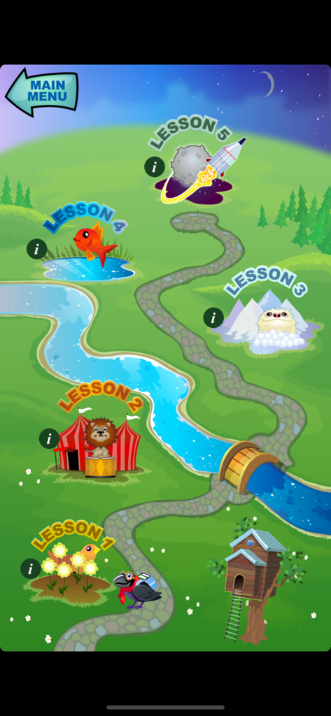 Reading Raven - A colorful educational map showing five learning lessons in the Reading Raven app.