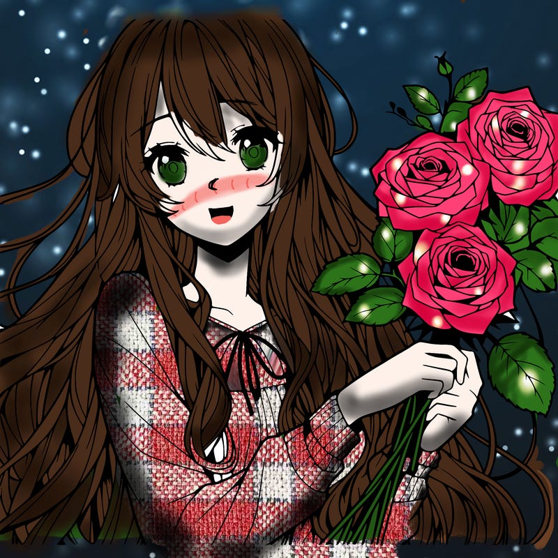anime girl with long blonde hair with roses in her hand