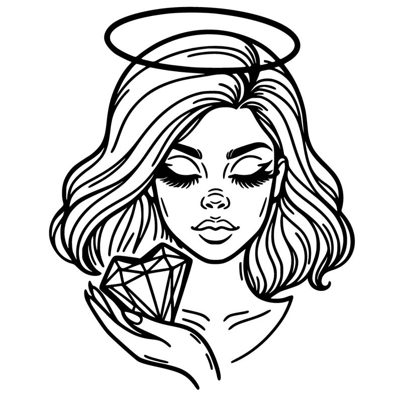 a face of a woman with an halo above her head and a crystal heart in her hand