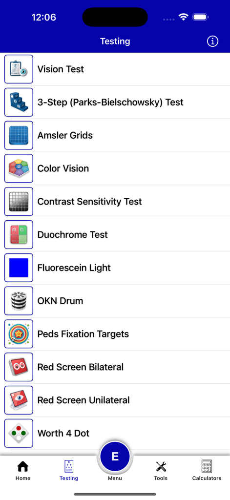 Eye Handbook - Eye Handbook app interface showing a list of clinical testing tools including vision test, Amsler grids, and color vision tests.