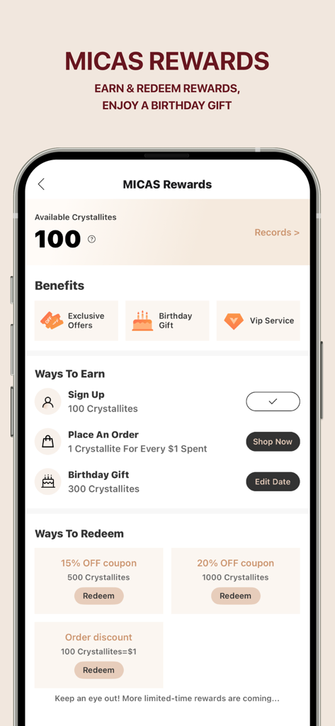 MICAS - Shop Women's Fashion - Pantalla de recompensas de la app MICAS que muestra formas de ganar y canjear puntos llamados Crystallites por descuentos en moda