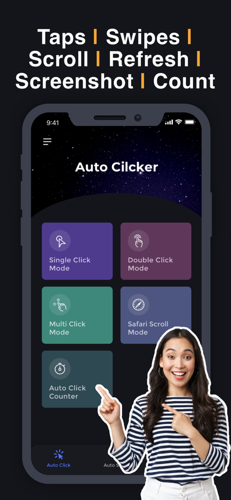 Auto Clicker app home screen showing single double and multi click modes with a woman pointing at the features