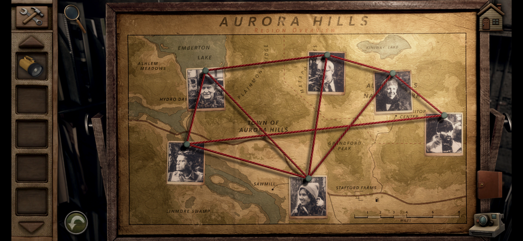 Aurora Hills: Chapter 1 - An investigation map of the Aurora Hills region with photos of people connected by red string