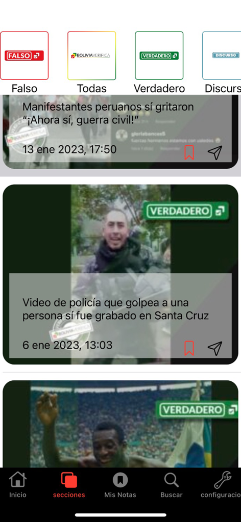 Bolivia Verifica - Interfaz de la aplicación Bolivia Verifica mostrando un feed de noticias con etiquetas de verificación de hechos como verdadero y falso en varios artículos.