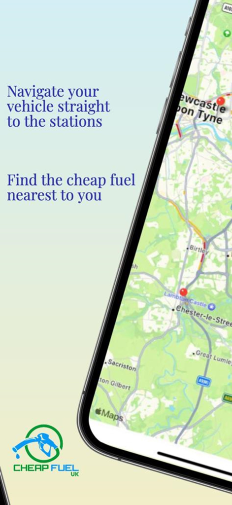 Cheap Fuel UK - Smartphone showing the Cheap Fuel UK app map with fuel station locations in Newcastle