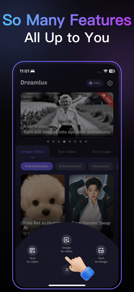 Dreamlux app interface showing AI image to video and text to video features