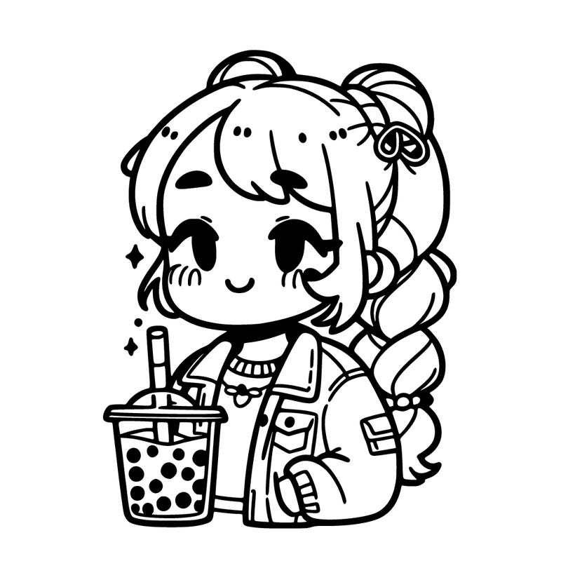 a girl that has a boba tea and has a jacket and pants and has braids