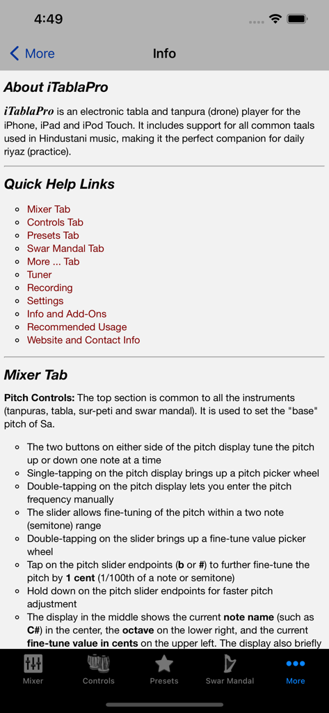 iTablaPro - Informational page of iTablaPro app showing help links and mixer pitch control settings
