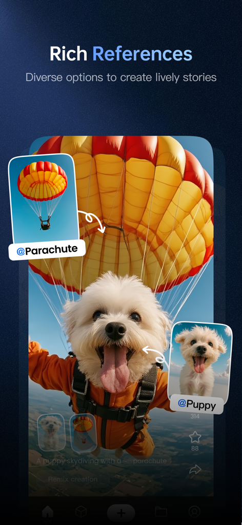 Vidu - AI Video Generator - Vidu AI Video Generator rich references feature showing a skydiving puppy