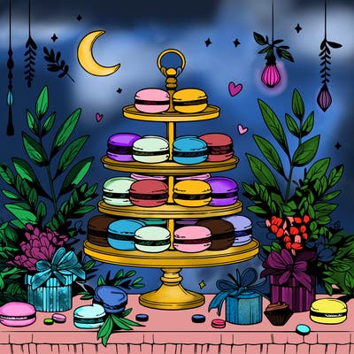 macaron display on a beautiful elegant table with eucalyptus leaves around it and small trinkets