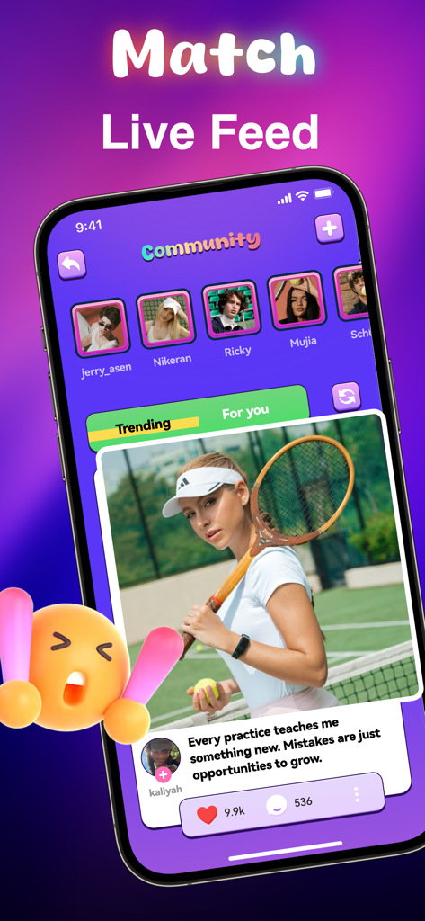 Ncey - Video Chat & Share - Captura de pantalla del feed de la comunidad de la aplicación Ncey mostrando una publicación de un jugador de tenis y perfiles de usuario.