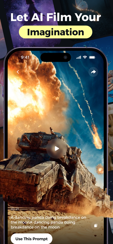 Une interface mobile de l'application Pictory AI montrant une vidéo cinématographique générée par IA d'un tank futuriste dans un désert avec un bouton d'invite textuelle.