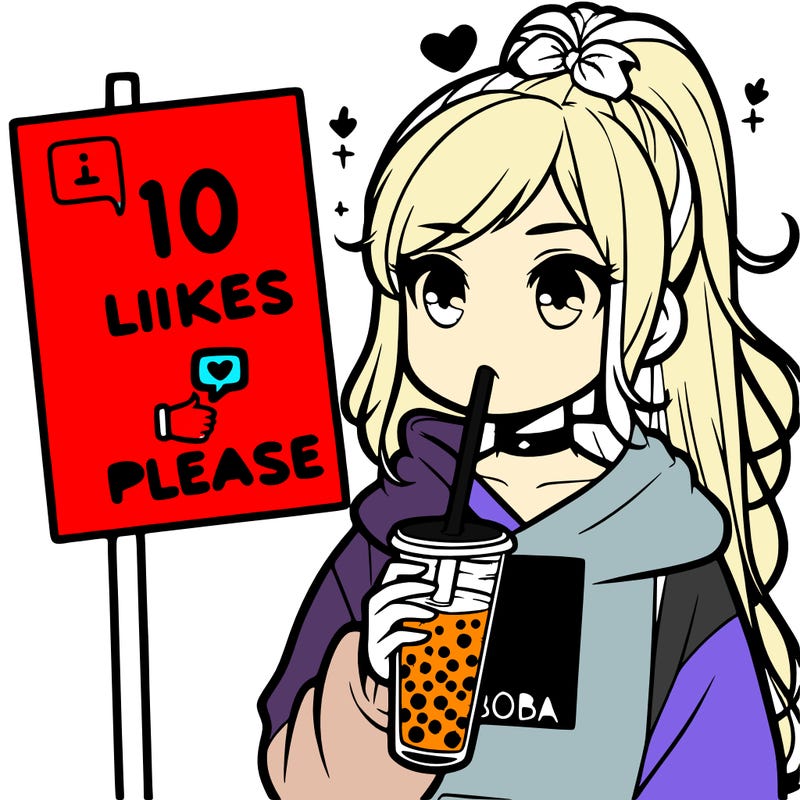 girl with a high ponytail and a hoodie drinking boba staring at a sign saying 10 likes please