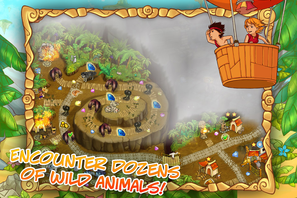 Island Tribe 5 - Island Tribe 5 gameplay showing wild animals on a tropical path and heroes in a hot air balloon