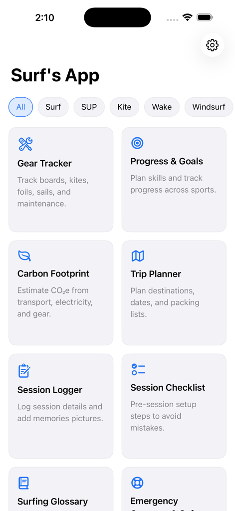 Surf's App: Windsurf, Kitesurf - サーフアプリのメインダッシュボード。ギア追跡とセッション計画機能が表示されています。