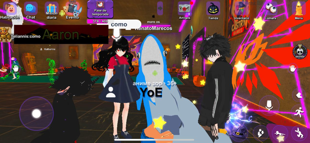 Players interacting with custom 3D anime avatars in a virtual social room in Virtual Droid 2