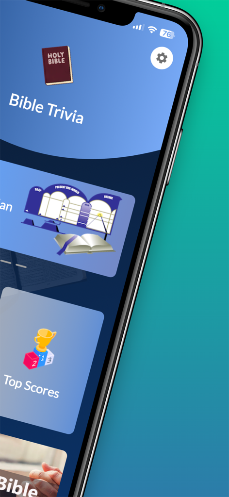 Bible Trivia Quiz - No Ads - The home screen of the Bible Trivia Quiz app displaying various categories like Top Scores and biblical study plans.