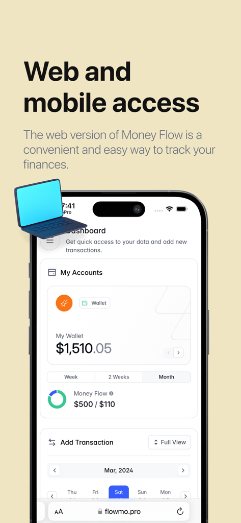 Money Flow: Easy Budget App - Painel do aplicativo Money Flow mostrado em uma tela móvel e um ícone de laptop ilustrando acesso web e móvel.