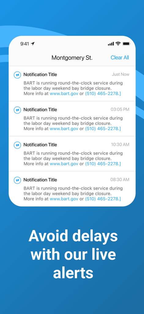 Live BART - Tela do aplicativo Live BART mostrando notificações de serviço e alertas para a estação Montgomery Street