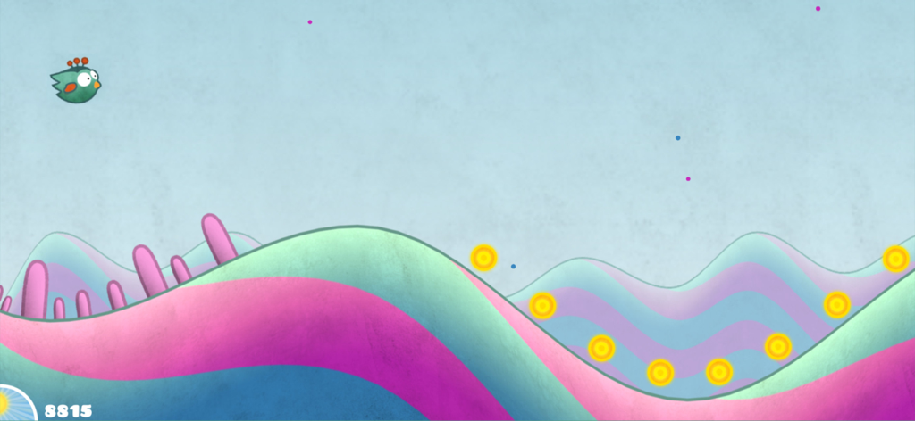 Tiny Wings - A small bird flying over colorful wavy hills with gold coins in the game Tiny Wings.