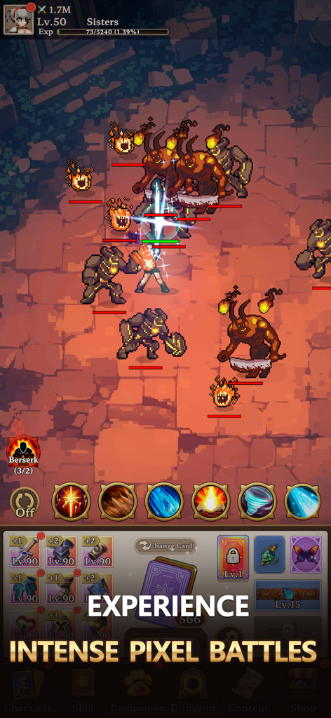 Dungeon Sisters : IDLE RPG - Intense pixel art battle in Dungeon Sisters IDLE RPG featuring a hero fighting monsters and skill icons