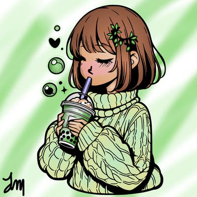 manga girl drinking boba in cozy sweater