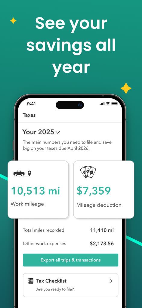 Everlance: Mileage Tracker - Everlance mobile app screen showing accumulated work mileage and calculated tax deductions for self-employed professionals.