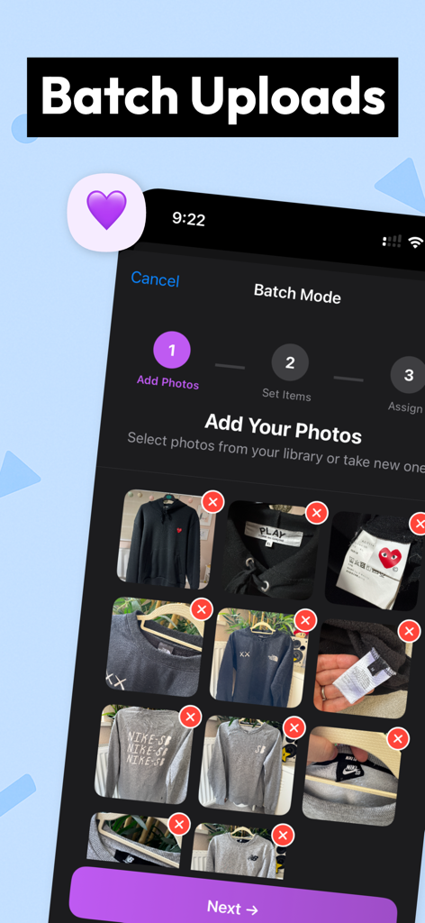PreLoved AI app interface showing the batch mode for uploading and selecting multiple clothing photos for automated listings