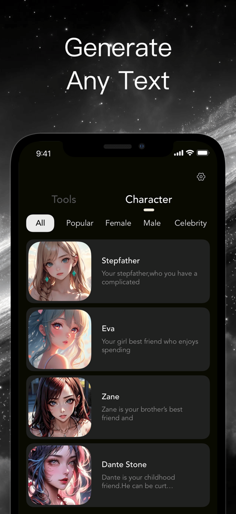 G.AI 4.1 - Ask AI Chatbot - A mobile app screen showing a character selection menu with anime style avatars and the headline Generate Any Text.