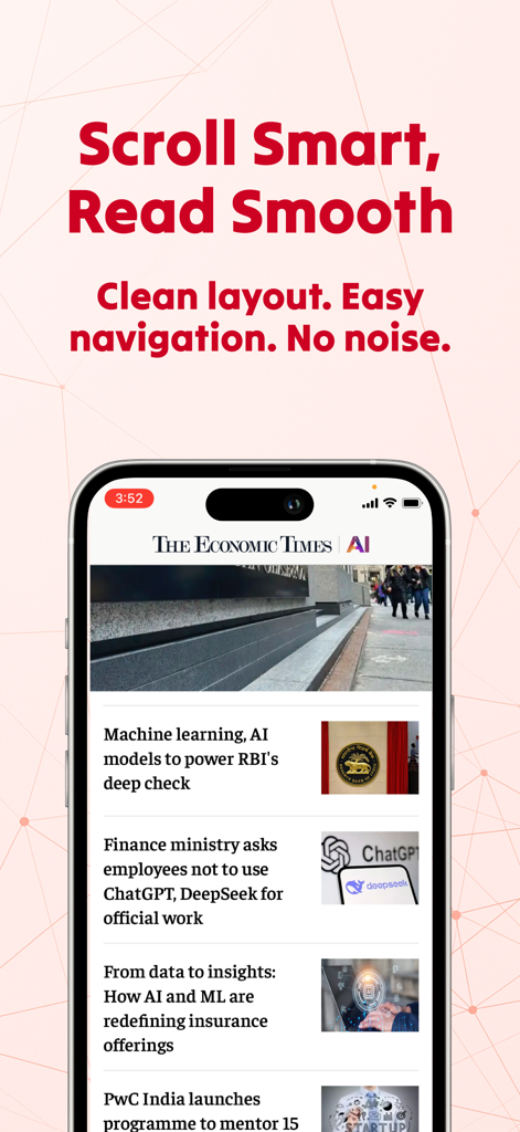 ET AI: On-the-Go AI News App - The ET AI news app displayed on a smartphone with a clean layout and headlines about artificial intelligence