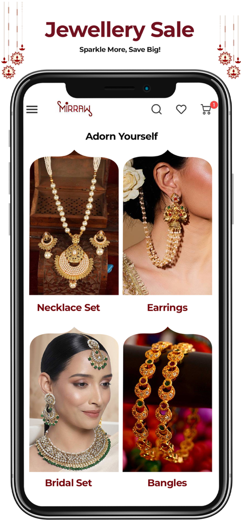 The Mirraw online shopping app displaying a selection of Indian jewelry categories including earrings and necklaces.